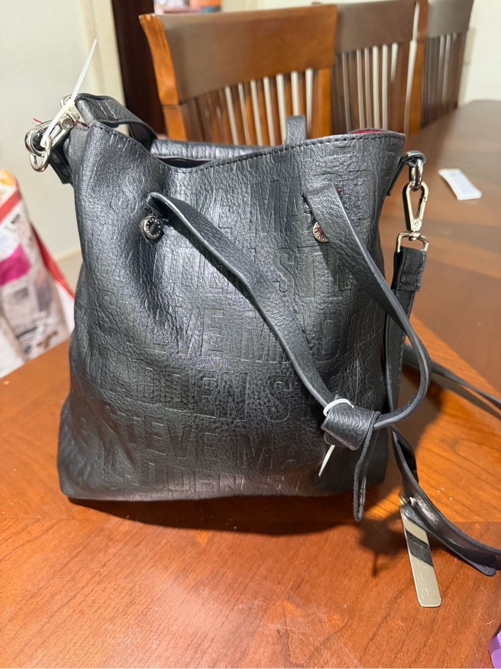Steve Madden Black Embossed Leather Crossbody Bucket Bag